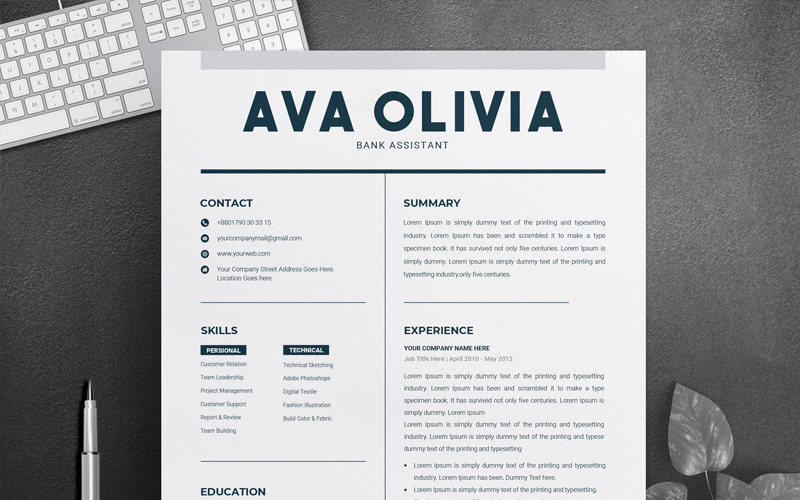 Download Резюме "Ava Oliva Bank & Finance Resume Template" / Ava Oliva Bank & Finance Resume Template - Резюме на тему графика clean resume simple black and white template word pages apple two page design cv classing printable microsoft photoshop psd illustrator