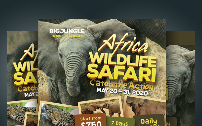 Download Фирменный стиль "Wildlife Safari Flyers - Corporate Identity Template" / Wildlife Safari Flyers - Corporate Identity Template - Фирменный стиль на тему графика ad adventure advert africa african elephants flyer holiday kenya land leaflet lion night pamphlet safari wild life wildlife tour travel