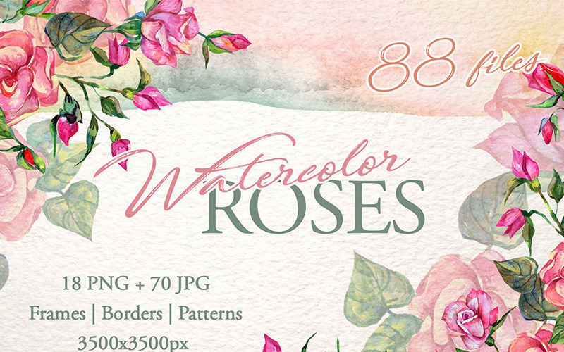 Conjunto de aquarela Wonderful Pink Roses PNG - Ilustração