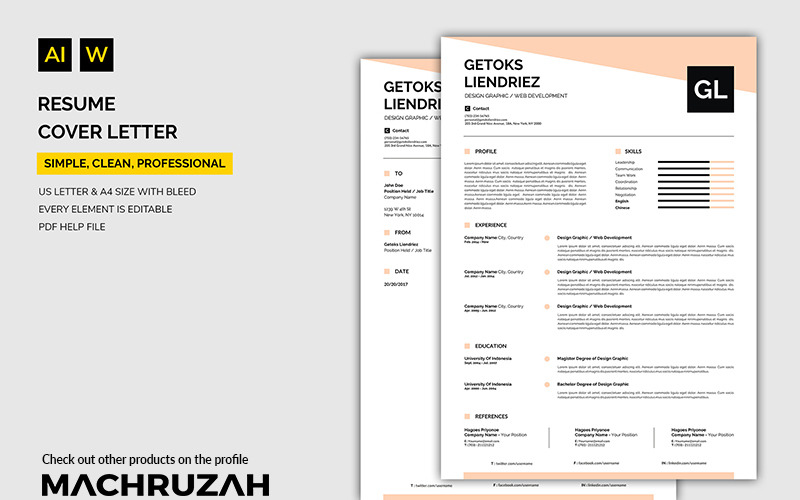 Download Резюме "Getoks - Cover Letter / Resume Template" / Getoks - Cover Letter / Resume Template - Резюме на тему графика resume template cv coverletter microsoftword creative design clean professional curriculumvitae modern simple word job