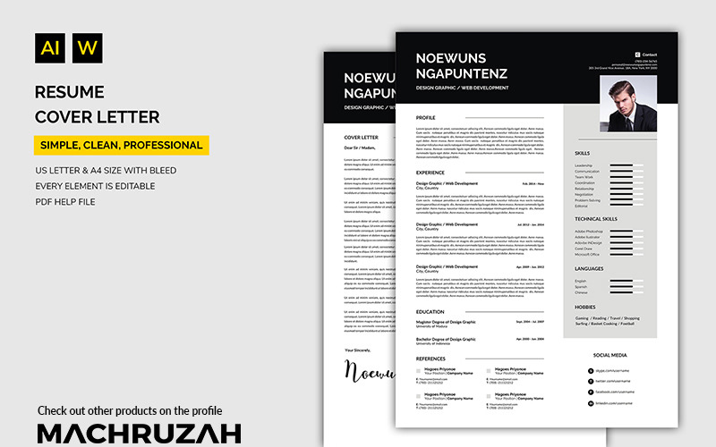Download Резюме "Noewuns - Cover Letter Resume Template" / Noewuns - Cover Letter Resume Template - Резюме на тему графика resume template cv coverletter microsoftword creative design clean professional curriculumvitae modern simple word job