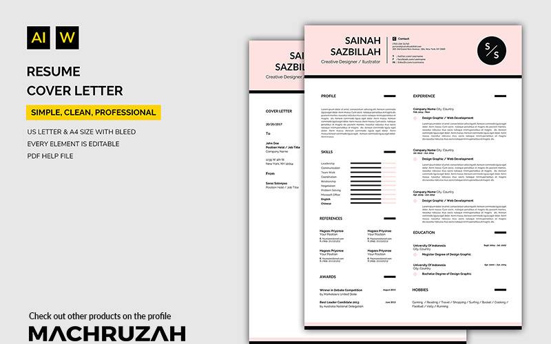 Download Резюме "Sainah - Cover Letter / Resume Template" / Sainah - Cover Letter / Resume Template - Резюме на тему графика resume template cv coverletter microsoftword creative design clean professional curriculumvitae modern simple word job