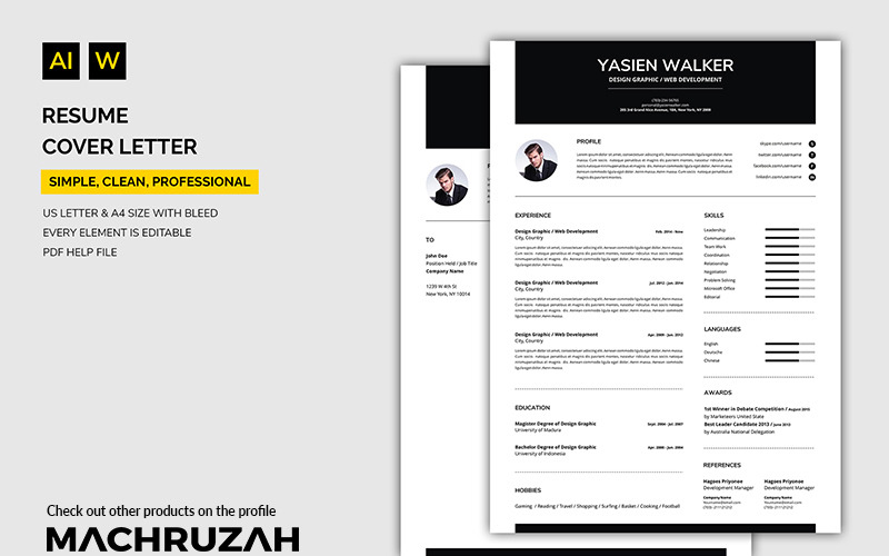Download Резюме "Yasien - Cover Letter Resume Template" / Yasien - Cover Letter Resume Template - Резюме на тему графика resume template cv coverletter microsoftword creative design clean professional curriculumvitae modern simple word job