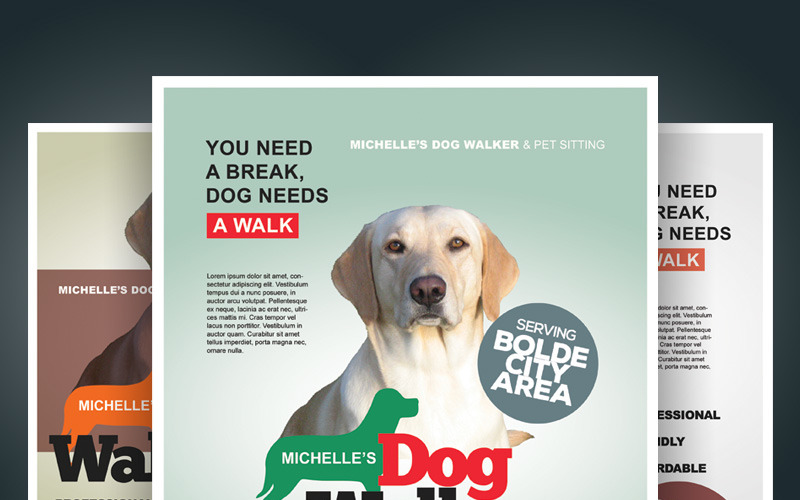 Download Фирменный стиль "Dog Walker Flyers - Corporate Identity Template" / Dog Walker Flyers - Corporate Identity Template - Фирменный стиль на тему графика ad business care dog flyer grooming leaflet lost missing outdoor pamphlet pet professional service sitting walker walking