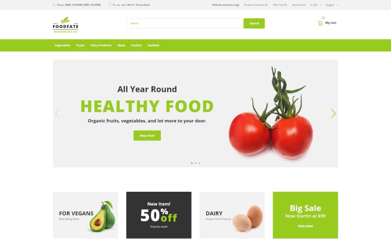 FOODFATE - эффективный шаблон OpenCart для интернет-магазина еды