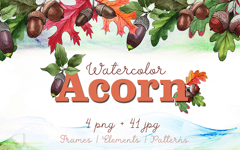 Herbst Eichelblatt und Pflanze PNG Aquarell Set - Illustration