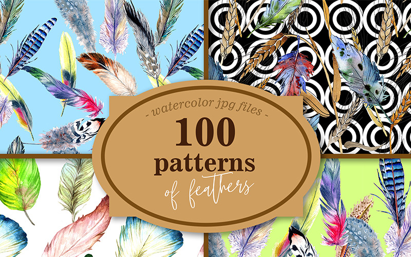 100 Patterns of Feather JPG Watercolor Set - Illustration