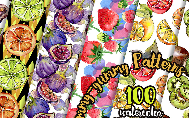 Download Иллюстрация "Yummy - Yummy 100 Patterns of Fruits JPG Watercolor Set - Illustration" / Yummy - Yummy 100 Patterns of Fruits JPG Watercolor Set - Illustration - Иллюстрация на тему графика watercolor illustration pattern drawing background colorful drawn paint fruit 100 tropical figs tropic hawaii seamless texture wallpaper fabric ornament print