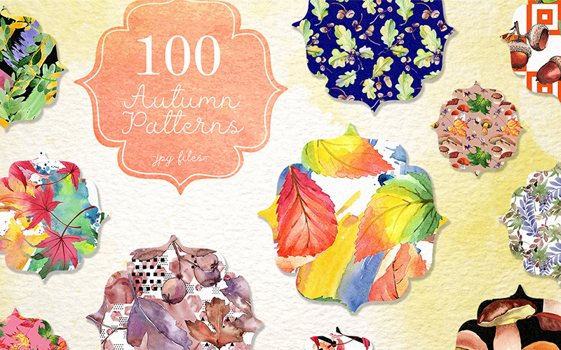 Download Иллюстрация "100 Autumn Patterns JPG Watercolor Set - Illustration" / 100 Autumn Patterns JPG Watercolor Set - Illustration - Иллюстрация на тему графика watercolor illustration pattern drawing autumn background colorful drawn paint 100 yellow seamless texture wallpaper fabric ornament print tile floral concept