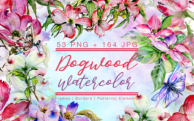 Cool Dogwood färgrik blomma PNG akvarelluppsättning - Illustration