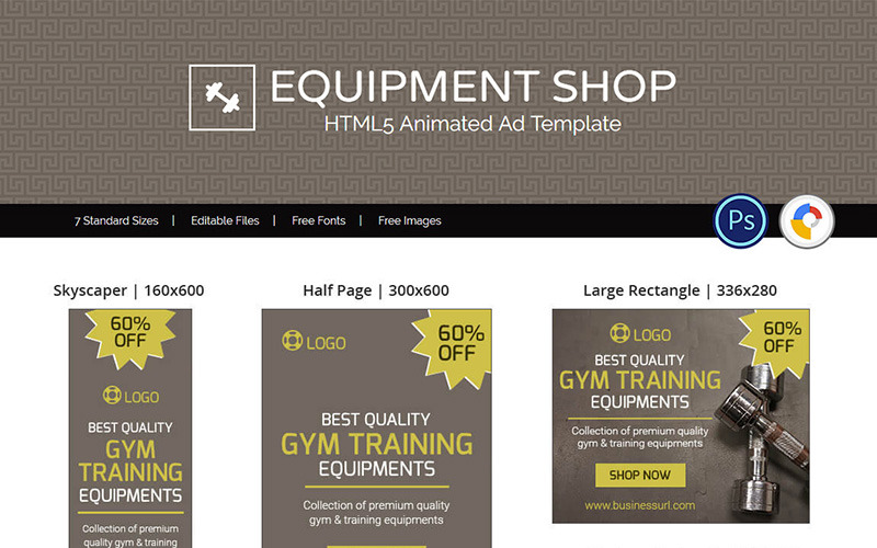 Download Animated Banner "Health & Fitness | Gym Training Equipment Animated Banner" / Health & Fitness | Gym Training Equipment Animated Banner - Animated Banner на тему графика business ecommerce shopping online template ad banner fitness gym equipment html5 training gwd ecommerce product sale