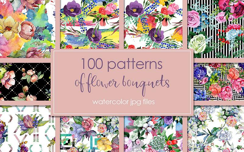 100 Patterns of Flower Bouquets JPG Watercolor Set - Illustration