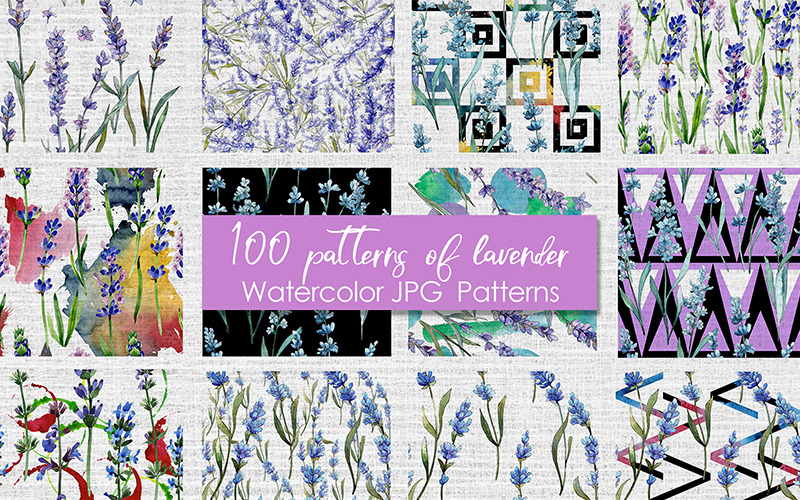 100 mönster av lavendelblomma JPG akvarelluppsättning - illustration