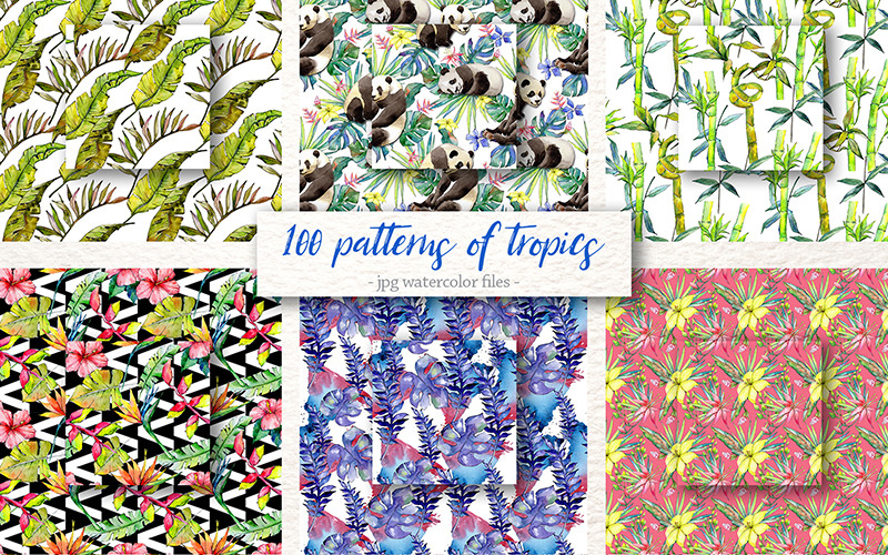 Download Иллюстрация "100 Patterns Of Tropics JPG Watercolor Set - Illustration" / 100 Patterns Of Tropics JPG Watercolor Set - Illustration - Иллюстрация на тему графика watercolor illustration pattern drawing background colorful drawn paint 100 tropical tropic hawaii seamless texture wallpaper fabric ornament print tile summer