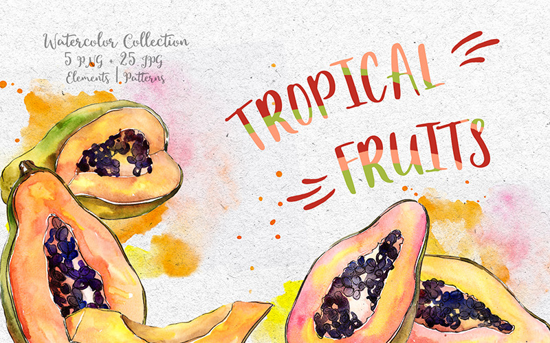 Tropikal Meyveler PNG Suluboya Yaratıcı Set - İllüstrasyon