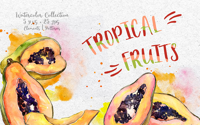 Download Иллюстрация "Tropical Fruits PNG Watercolor Creative Set - Illustration" / Tropical Fruits PNG Watercolor Creative Set - Illustration - Иллюстрация на тему графика watercolor illustration menu food restaurant lunch meal papaya cooking kitchen healthy eat breakfast fruit natural fresh drawing background colorful drawn