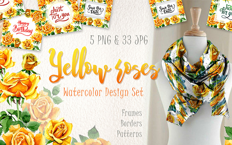 Żółte róże akwarela zestaw kreatywny PNG - ilustracja
