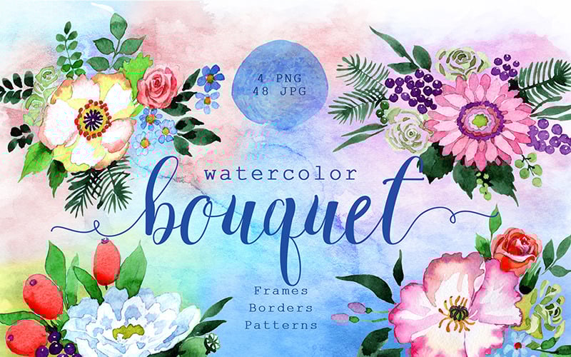 Cuatro maravillosos ramo de flores PNG Acuarela Set - Ilustración