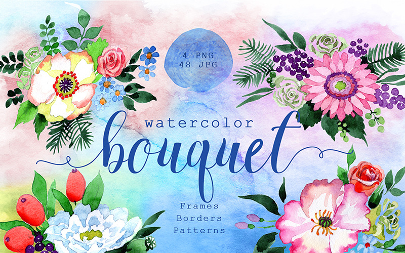 Quatro flores maravilhosas buquê de flores PNG conjunto de aquarela - ilustração