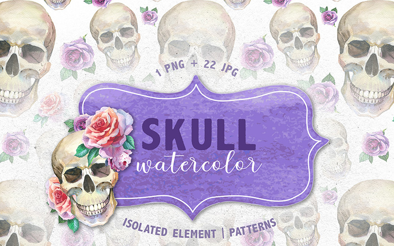 Cool Skull Print Akwarela PNG Creative Set - ilustracja