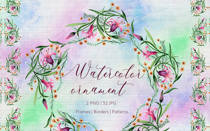 Download Иллюстрация "Lilies Ornament of Pink Flowers PNG Watercolor Set - Illustration" / Lilies Ornament of Pink Flowers PNG Watercolor Set - Illustration - Иллюстрация на тему графика watercolor illustration ornament pink drawing background lilies colorful drawn paint leaf plant wildflower seasonal foliage flower sprout stem textile botanical