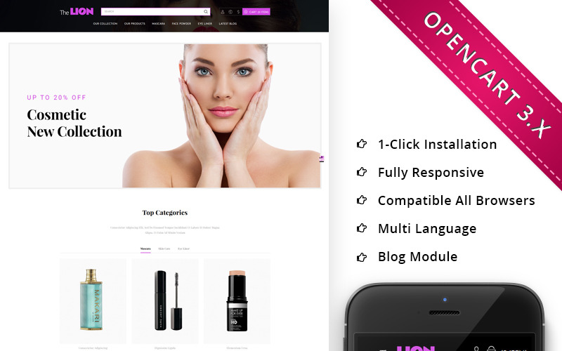 Lion Cosmetic - Адаптивный OpenCart шаблон для магазина красоты