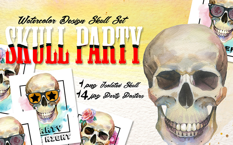Download Иллюстрация "Skull Party Print PNG Watercolor Set   - Illustration" / Skull Party Print PNG Watercolor Set   - Illustration - Иллюстрация на тему графика watercolor drawing colorful drawn skull flower illustration flowers floral background design party halloween pattern vintage human texture hand head art