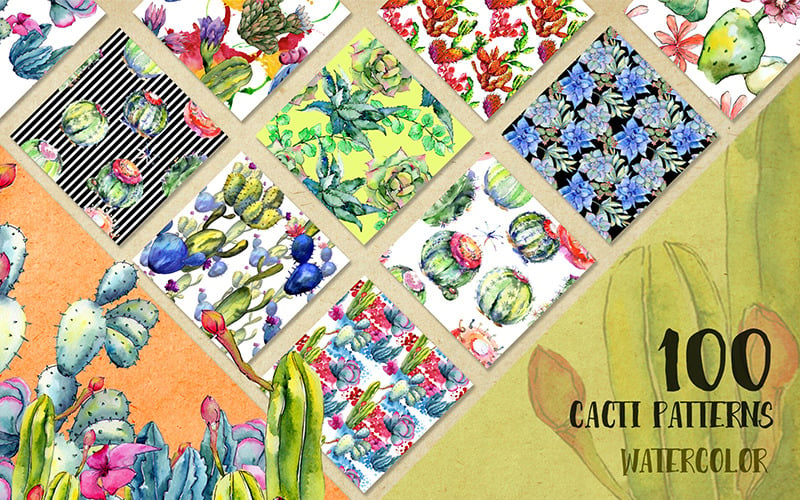 Watercolor 100 Cacti Patterns JPG Set - Illustration