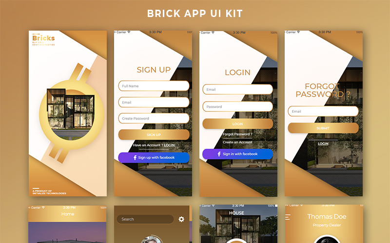 Download PSD шаблон "Bricks Mobile App UI PSD Template" / Bricks Mobile App UI PSD Template - Адаптивный PSD шаблон на тему программное обеспечение mobile app ui property management selling buying renting clean minimal rent lease purchase iphone android mockup