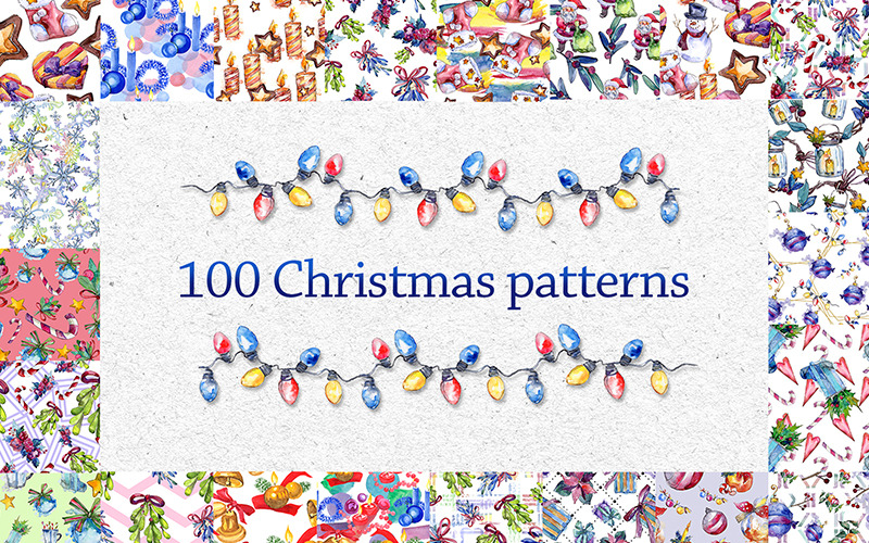Conjunto de aquarela 100 padrões de Natal JPG - ilustração