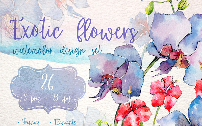 Exotic Red and Blue Orchids PNG Watercolor Set - Illustration