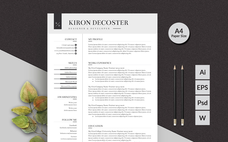 Download Резюме "Kiron Decoster Classic & Simple Resume Template" / Kiron Decoster Classic & Simple Resume Template - Резюме на тему графика resume cv clean creative word infographic modern professional student mac pages manager template bankers doctors job seekers