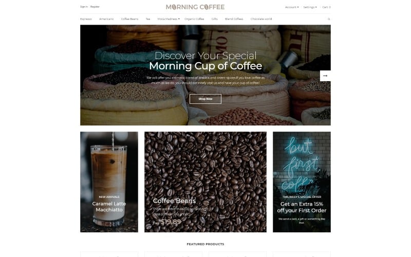 Morning Coffee - Krachtige online coffeeshop OpenCart-sjabloon