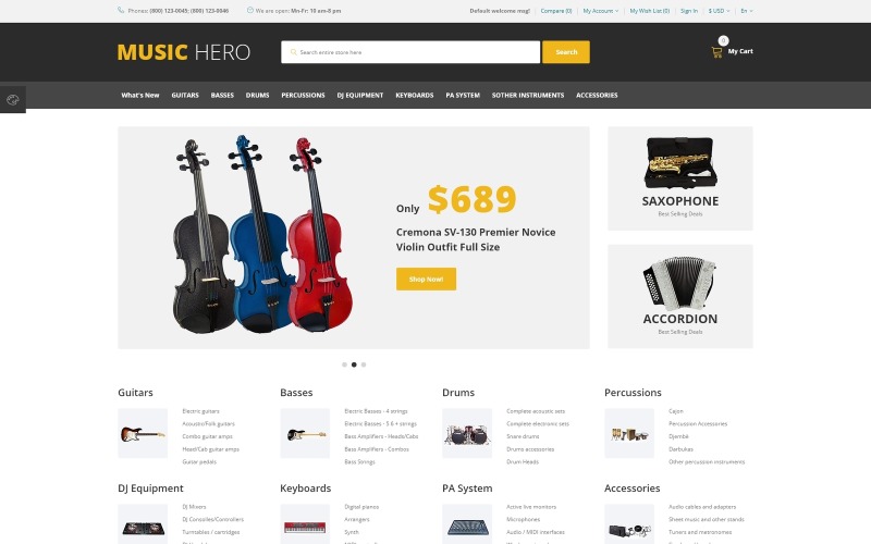 Music Hero - Modello OpenCart per negozio online di strumenti musicali fantasiosi