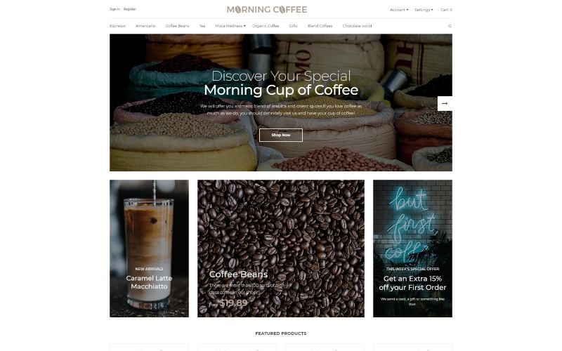 Poranna kawa - potężny szablon OpenCart dla kawiarni online