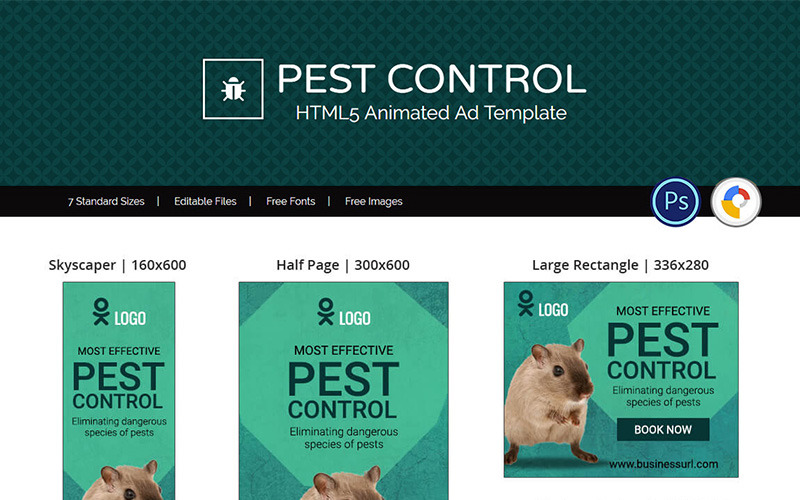 Download Animated Banner "Professional Services | Pest Control Animated Banner" / Professional Services | Pest Control Animated Banner - Animated Banner на тему графика pest control service domestic worker html5 html banner ad template animated online agency business booking rat turmite clean