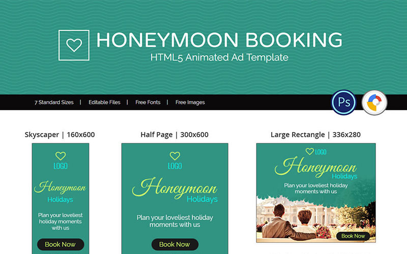 Download Animated Banner "Tour & Travel | Honeymoon Booking Animated Banner" / Tour & Travel | Honeymoon Booking Animated Banner - Animated Banner на тему графика honeymoon wedding travel tour romance dating html banner agency company guide destination template