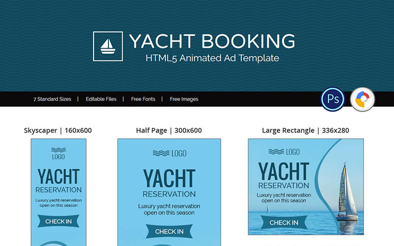 Download Animated Banner "Tour & Travel | Yacht Booking Animated Banner" / Tour & Travel | Yacht Booking Animated Banner - Animated Banner на тему графика booking travel tour holiday yacht honeymoon tourism vacation html5 html ad banner templates design animated