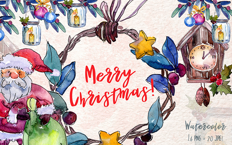 Wesołych Świąt Holiday PNG akwarela zestaw - ilustracja