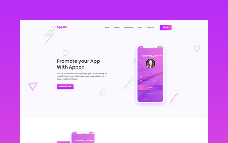 Download PSD шаблон "Appon - Creative App PSD Template" / Appon - Creative App PSD Template - PSD шаблон на тему магазин мобильной связи app landing page template app showcase store website clean creative mobile modern landing parallax simple