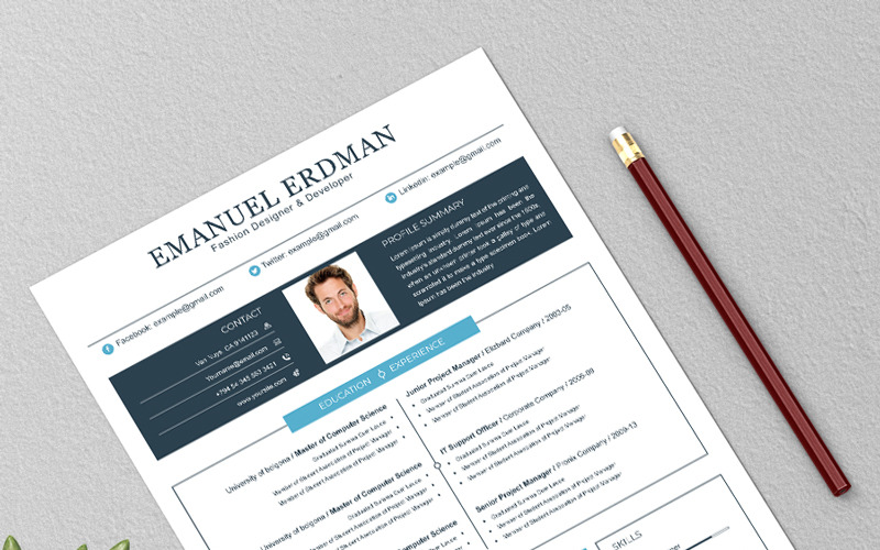 Download Резюме "Erdman Resume Template" / Erdman Resume Template - Резюме на тему графика a4 clean resume cv doc elegant template indesign infographic modern professional creative design minimal pages portfolio word us letter