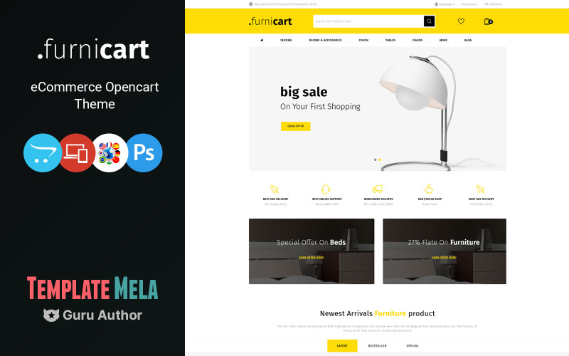 FurniCart - 家居装饰和家具商店 OpenCart 模板