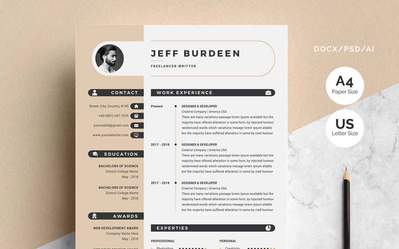 Download Резюме "Jeff Burdeen - Modern Resume Template" / Jeff Burdeen - Modern Resume Template - Резюме на тему персональная страница resume,cv,template,clean,creative,modern,professional,word,pages,mac,infographic,contract,designer,developer,teacher