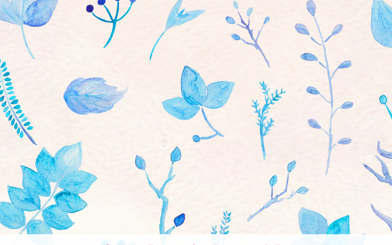 36 Pretty Blue Leaves Aquarela Clipart - Ilustração