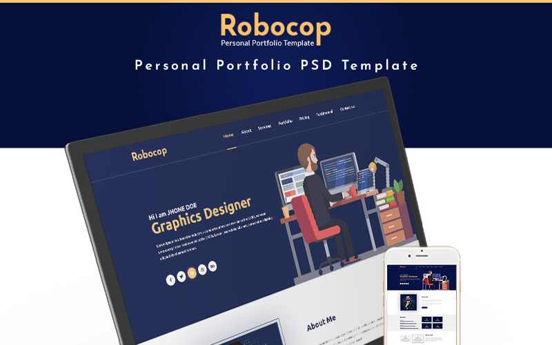 Download PSD шаблон "Robocop - Personal Portfolio PSD Template" / Robocop - Personal Portfolio PSD Template - PSD шаблон на тему персональная страница 