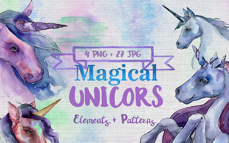Download Иллюстрация "Magical Purple Unicorn PNG Watercolor Set - Illustration" / Magical Purple Unicorn PNG Watercolor Set - Illustration - Иллюстрация на тему графика watercolor illustration magical drawing background purple drawn paint cute magic fantasy unicorn horse fairytale dream children sweet rainbow animal horn