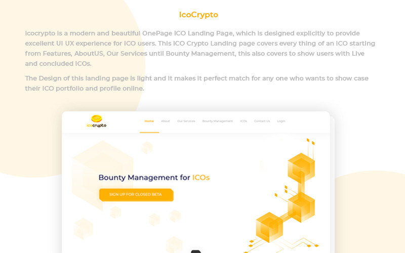 Download PSD шаблон "ICOCrypto PSD Template" / ICOCrypto PSD Template - PSD шаблон на тему консалтинг ico crypto cryptocurrencies blockchain marketing finance bitcoin exchange coin trading business agency