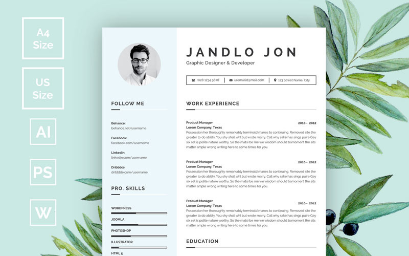 Download Резюме "Jandlo Jon Modern Clean Resume Template" / Jandlo Jon Modern Clean Resume Template - Резюме на тему графика clean resume design writing cover letter instant download for mac cv template infographic minimal swiss creative photo photoshop psd word
