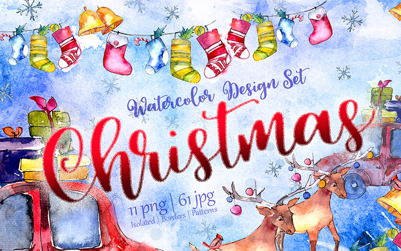Boże Narodzenie kolekcja PNG akwarela Design zestaw - ilustracja