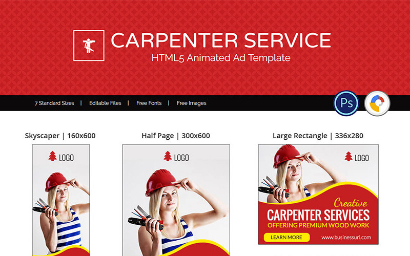 Download Animated Banner "Professional Services | Carpenter Service  Ad Animated Banner" / Professional Services | Carpenter Service  Ad Animated Banner - Animated Banner на тему графика carpenter service professional repair domestic construction building template business banner clean elegant modern promotion google advertisement premium wood-work